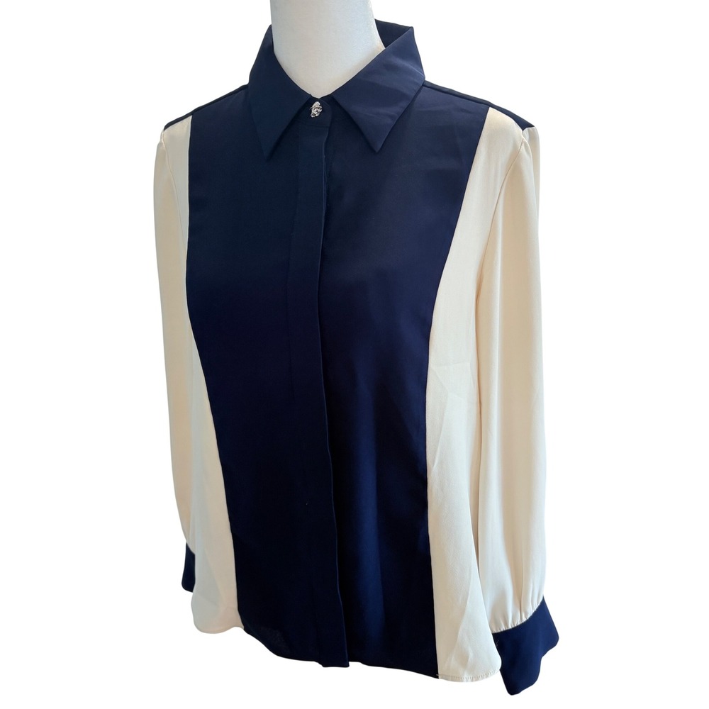 MOTF Womens Color Block Button Down Blouse Navy Blue Cream Long Sleeve Small